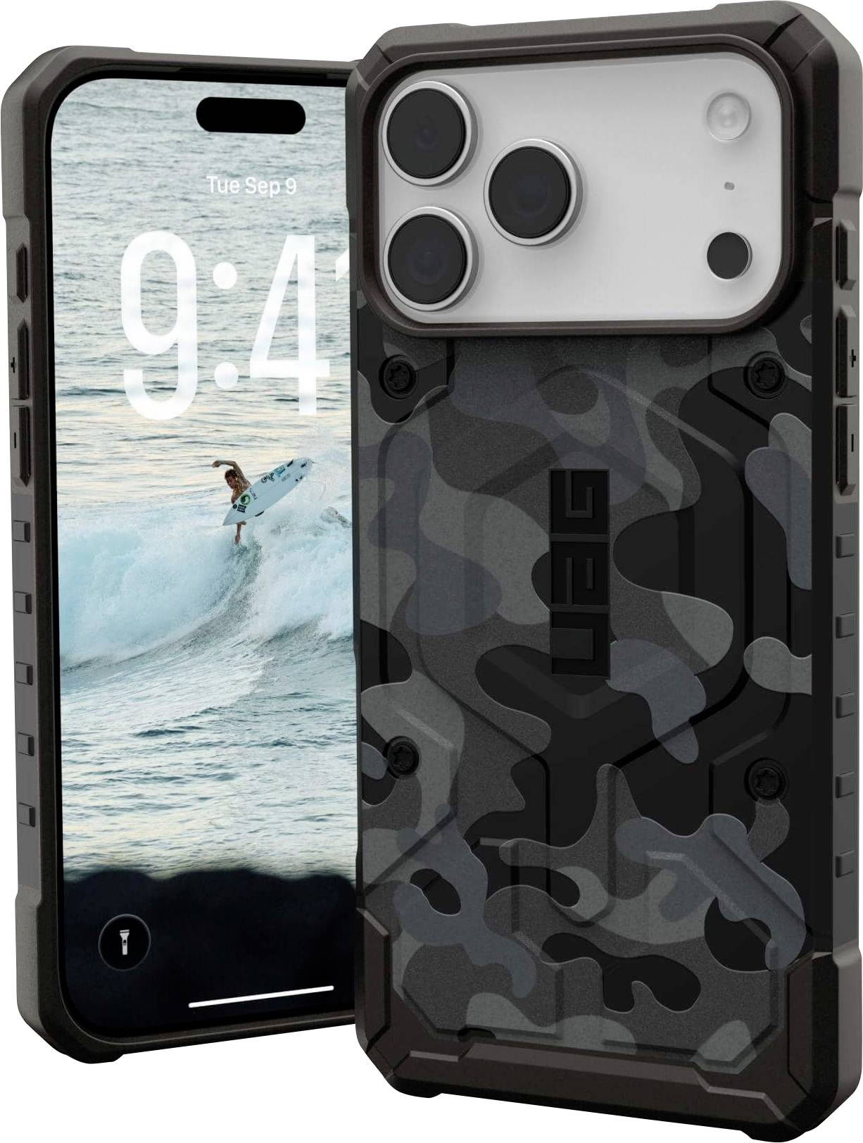 Odolný mobilní kryt s maskáčovým vzorem je zobrazen na smartphonu s prezentací surfaře na displeji, což naznačuje jeho odolnost pro aktivní použití.