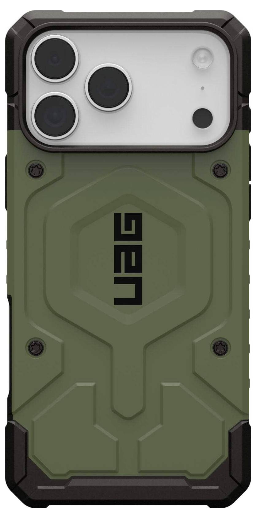 Odolný smartphone kryt s designem v zelené a černé barvě, který disponuje výraznými výřezy pro fotoaparát a logem 'UAG' na zadní straně.