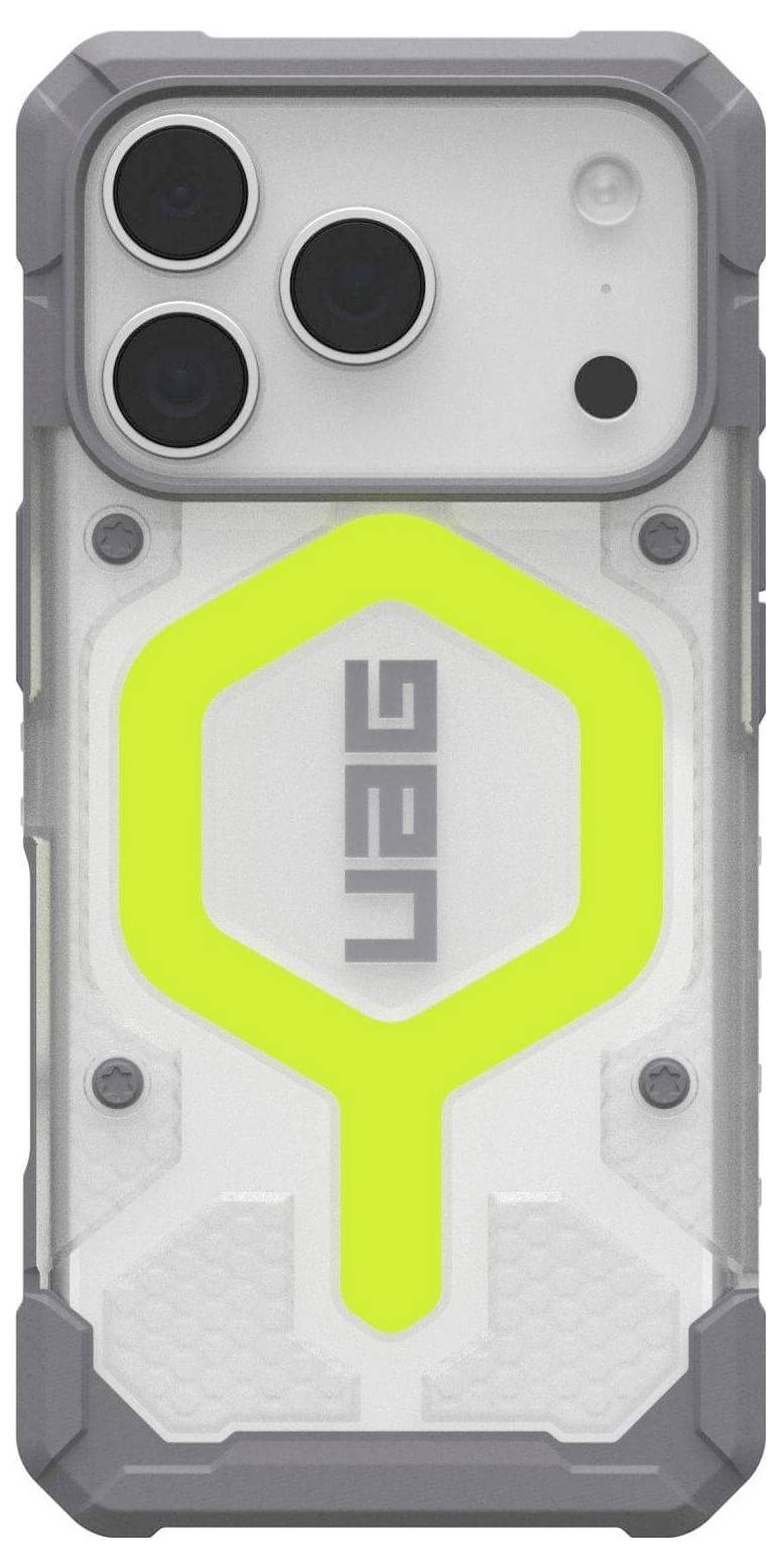Robustní kryt na smartphone se třemi otvory pro fotoaparát a jasným žlutým geometrickým designem na zadní straně, na kterém je umístěno logo 'UAG'.