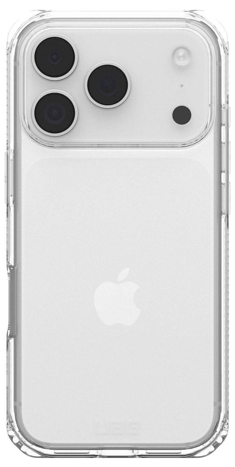 Bílý smartphone se třemi zadními fotoaparáty, logem Apple a průhledným pouzdrem.