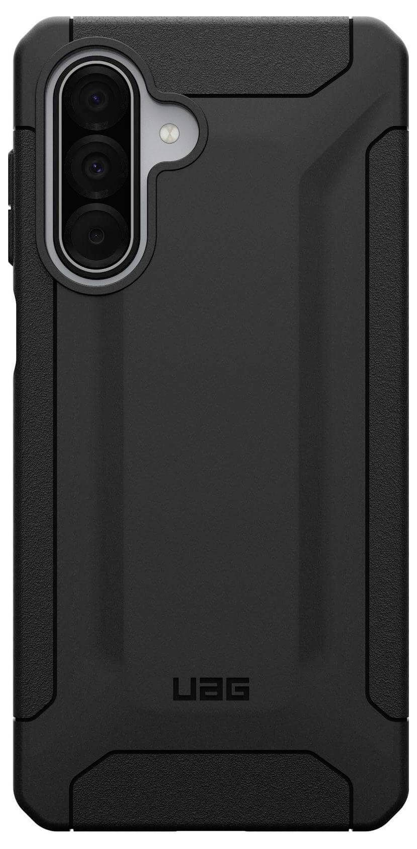 Robustní černý telefonní kryt s hranatým designem a výřezem pro trojitý fotoaparát, značený logem 'UAG' poblíž spodního středu.