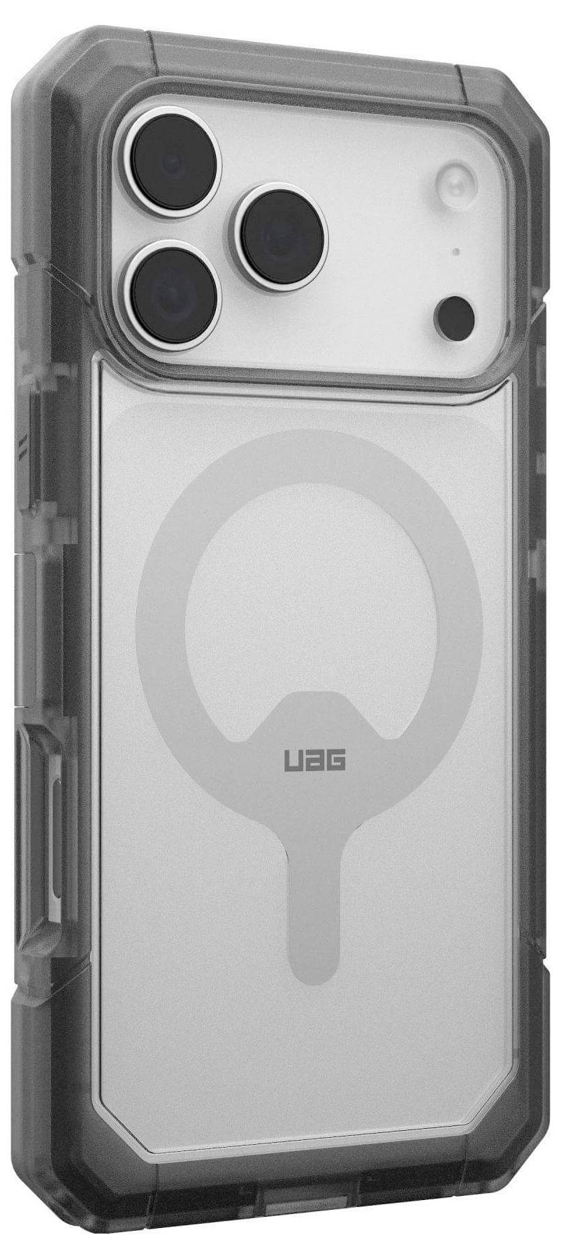 Průhledný ochranný kryt na smartphone zobrazující fotoaparátové čočky a firemní logo 'UAG' uprostřed zadní strany.