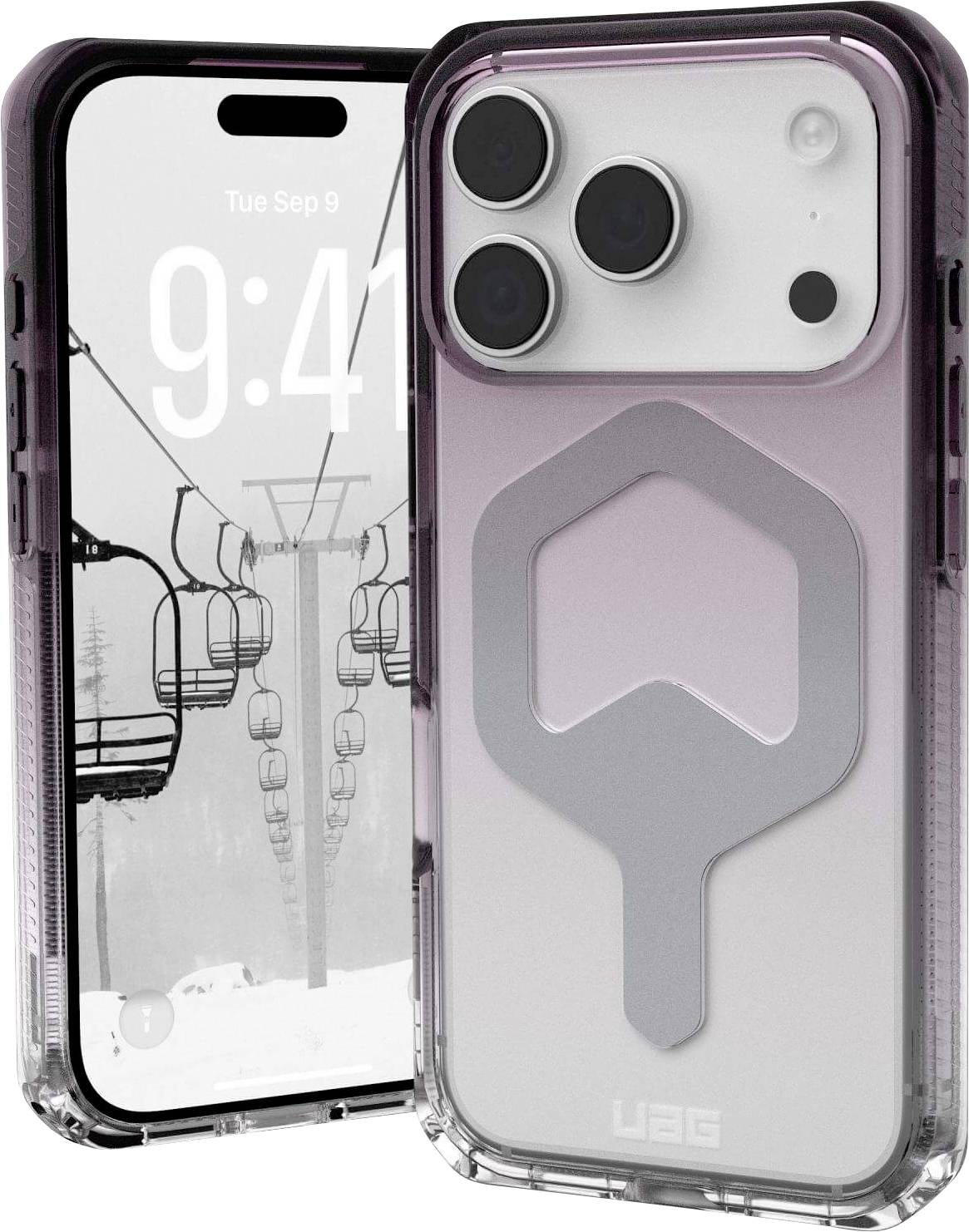 Dva smartphony: levý telefon zobrazuje lyžařský vlek pod zataženou oblohou v 9:41; pravý telefon ukazuje tři objektivy fotoaparátu a elegantní kovový úchyt.