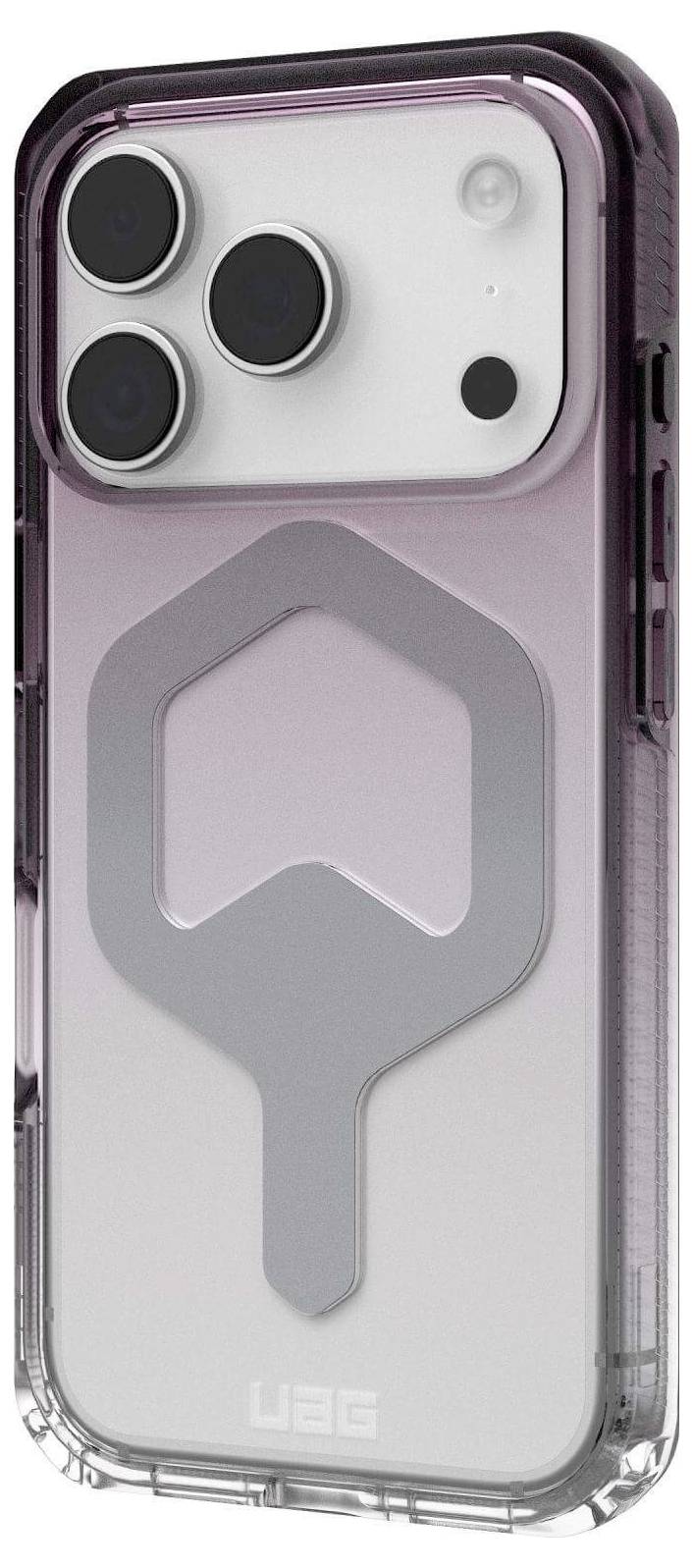 Smartphone s průhledným, fialově zabarveným ochranným krytem s výrazným výřezem pro fotoaparát a geometrickým designem na zadní straně.
