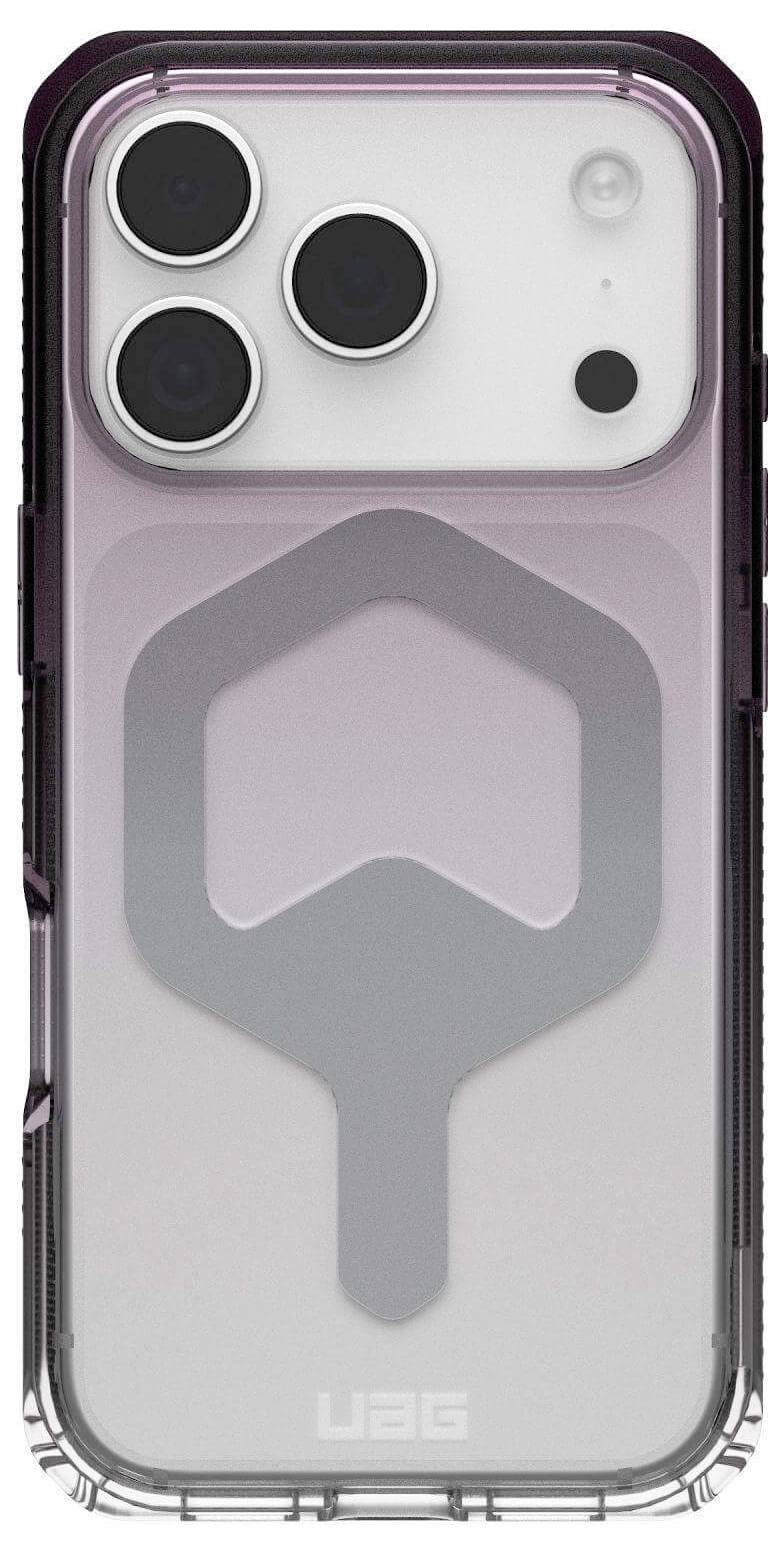 Chytrý telefon se třemi objektivy fotoaparátu je umístěn v průhledném ochranném krytu s geometrickým vzorem na zadní straně.