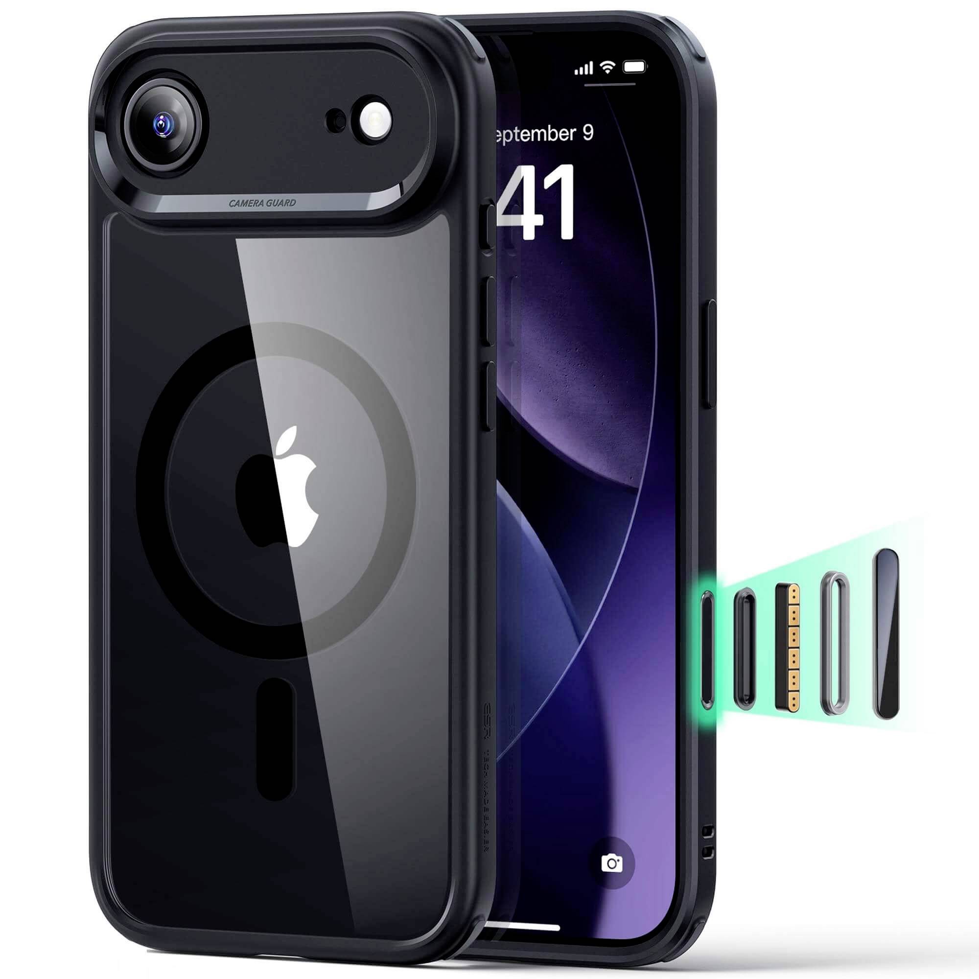 Černý smartphone s ochranným krytem a částečně vysunutou SIM kartou, na jehož zadní straně je zobrazen logo Apple.