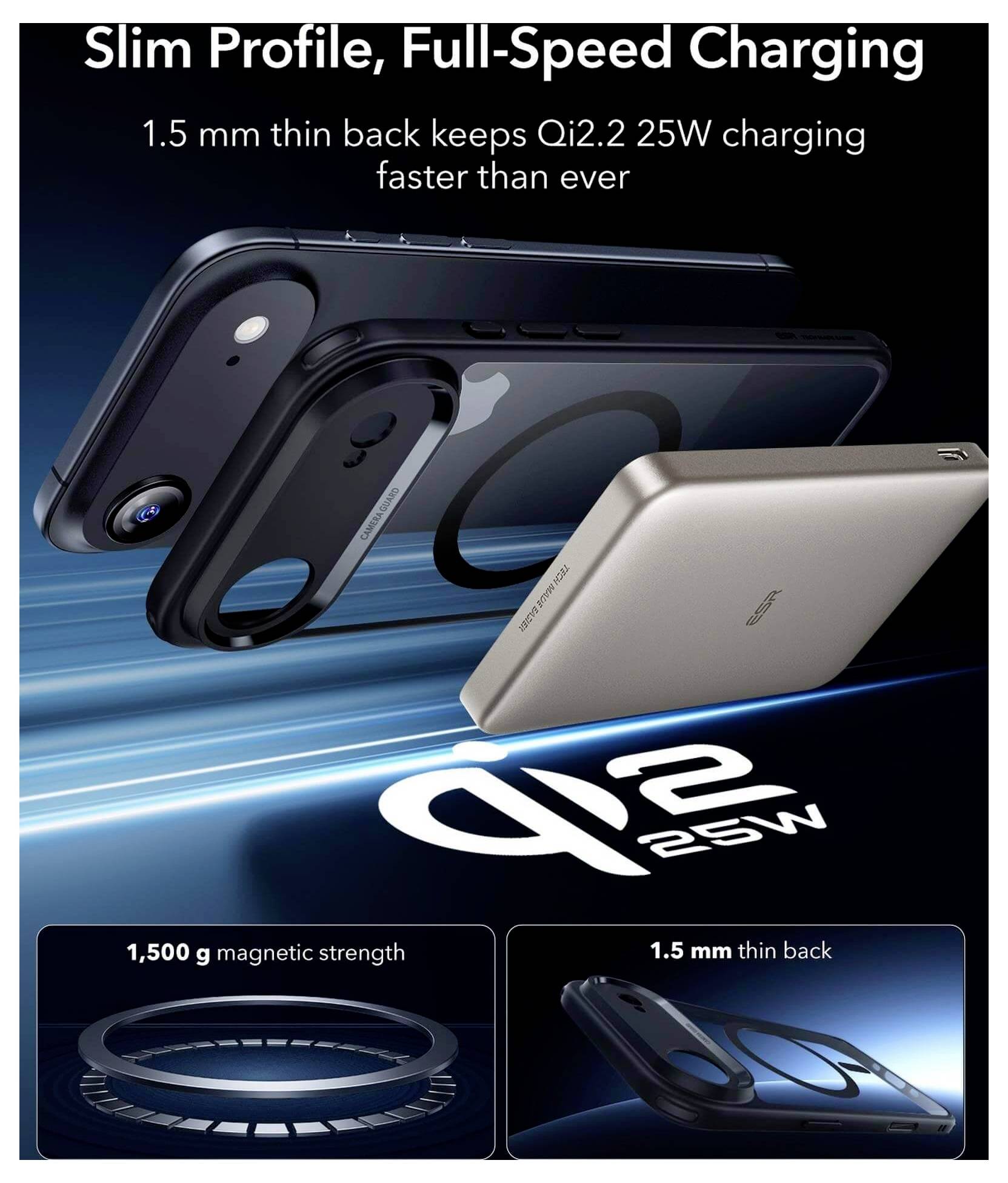 Nabíječ Qi2.2 25W s tenkým zadním krytem 1,5 mm pro rychlejší nabíjení. Obrázek ukazuje štíhlý profil nabíječe a silnou magnetickou přítažlivost.