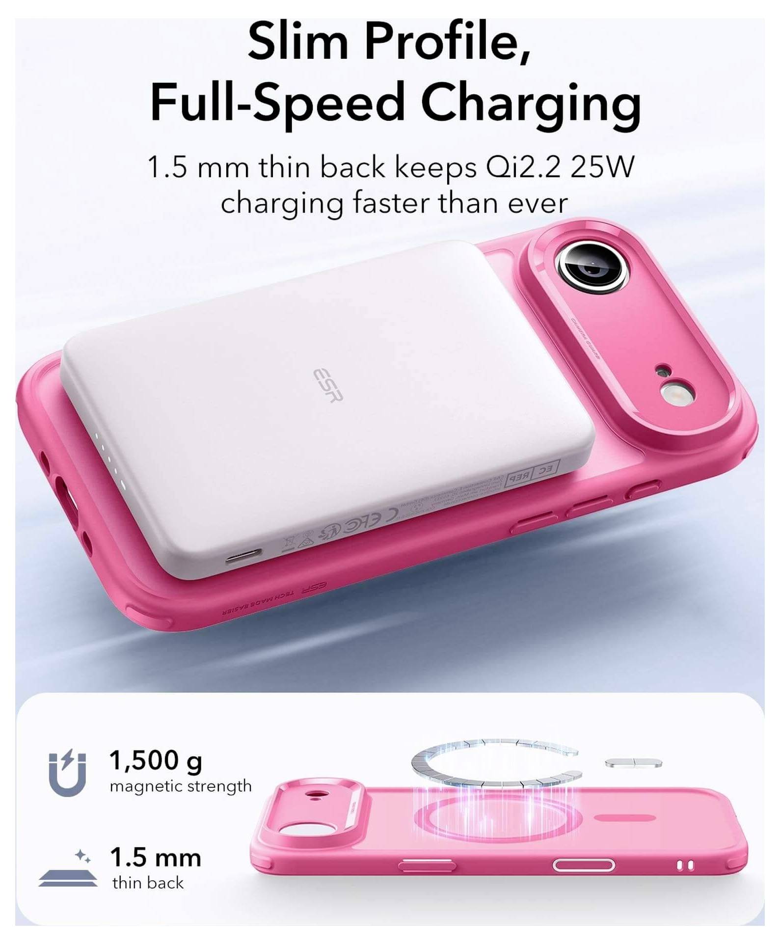 Přenosná nabíječka: Štíhlý růžový design, záda tlustá 1,5 mm, Qi2.2 25W rychlé nabíjení. Váží 1 500 g. Zobrazuje magnetické zarovnání na telefonu.