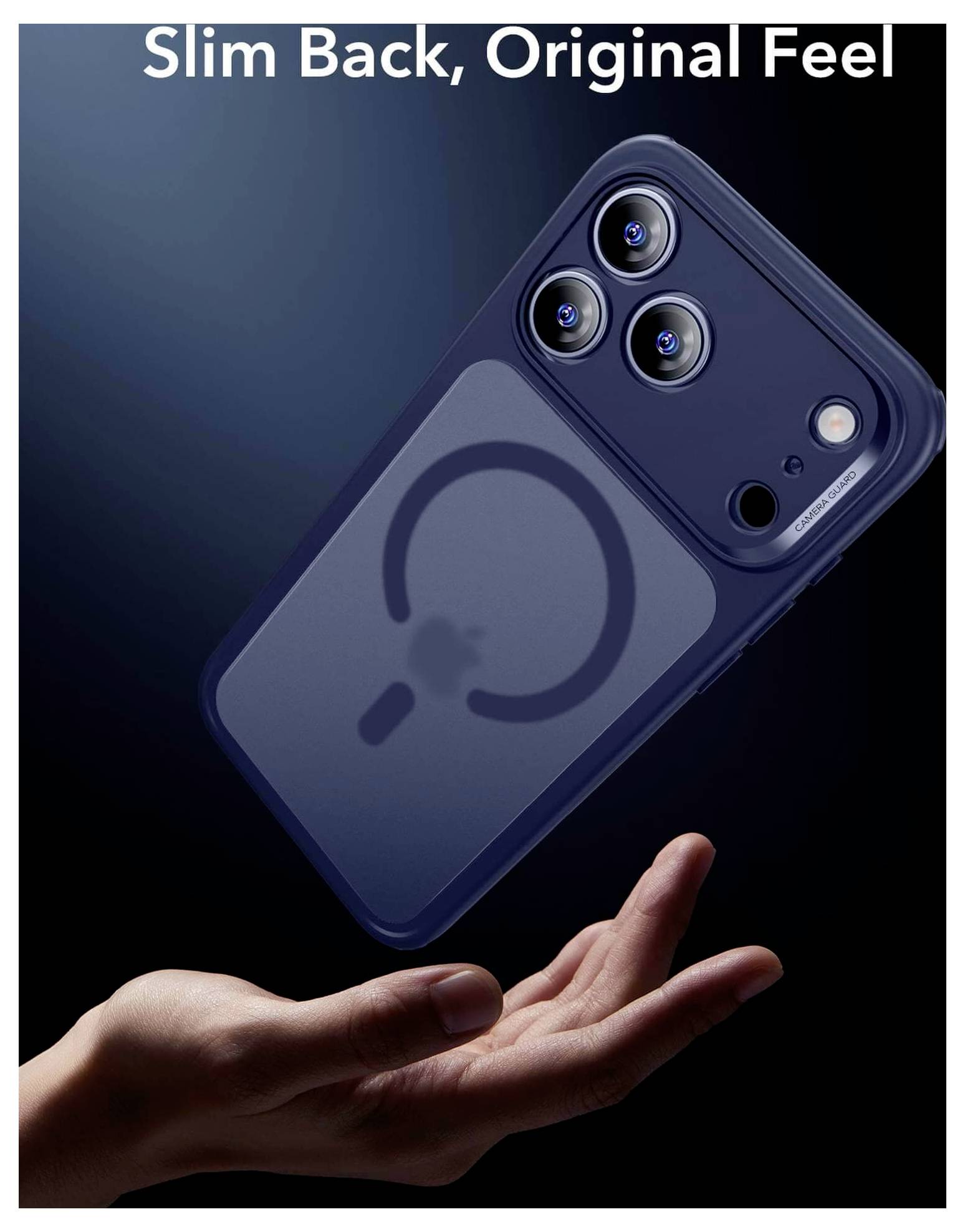 Ruka hází štíhlým smartphonem s tmavým pouzdrem, který má kruhový design a trojitý fotoaparát, pod textem: Štíhlý Zadní, Původní Pocit.