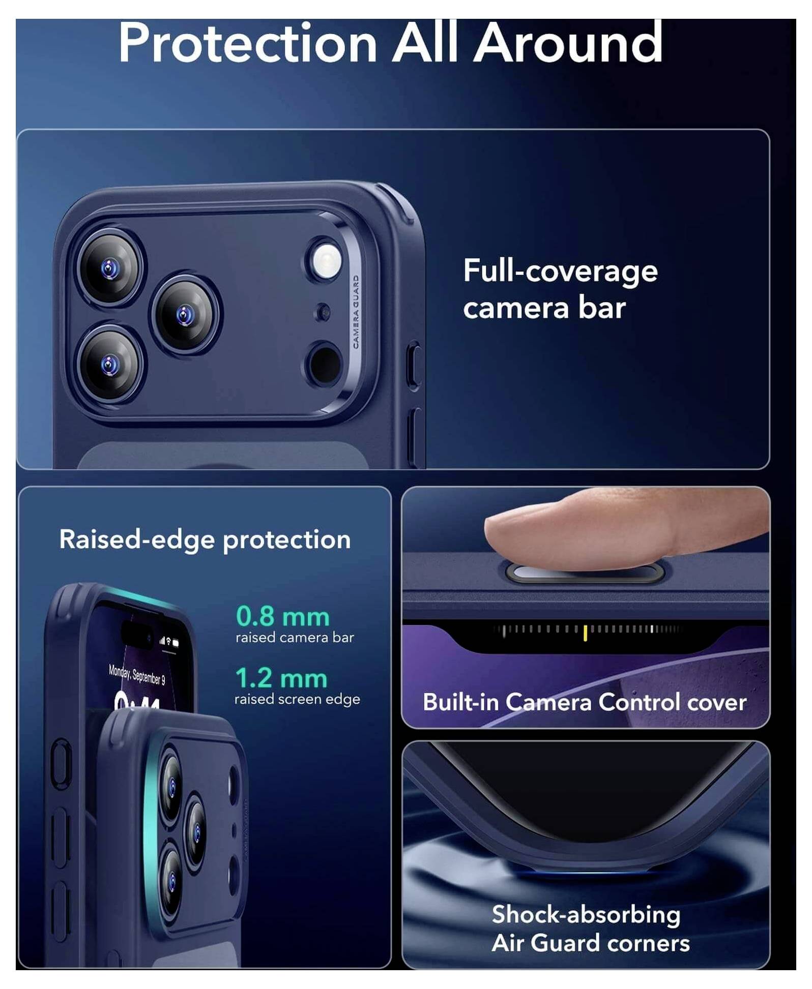 Pouzdro na smartphone s celoplošným krytem fotoaparátu, ochranným lemem o výšce 0,8 mm, integrovaným krytem ovládání fotoaparátu a nárazuvzdornými rohy s technologií Air Guard.