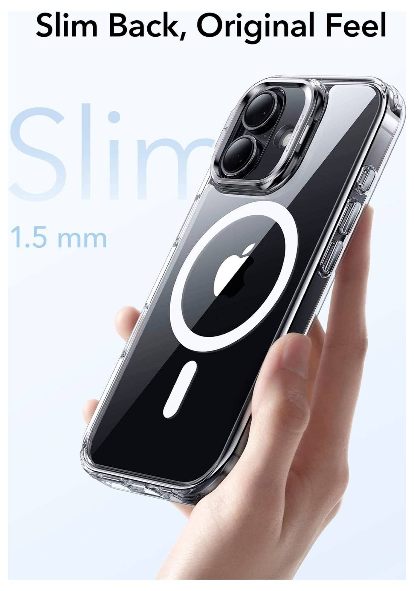 Obal na telefon s elegantním designem držený v ruce, s kruhovým vzorem na zadní straně. Text uvádí: Tenký zadní kryt, Původní pocit, 1,5 mm.