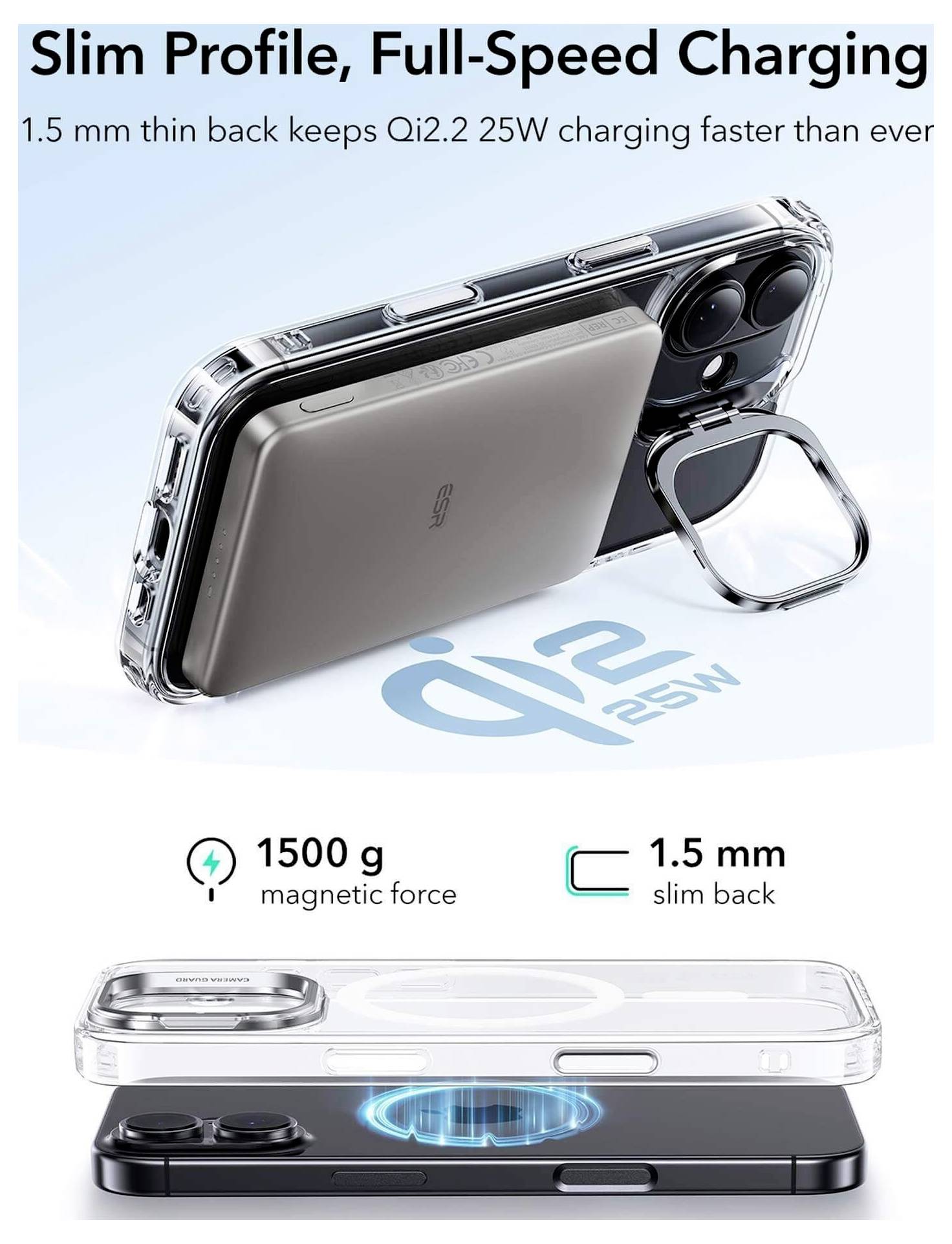 Tenký Profil, Nabíjení Plnou Rychlostí s 1,5 mm tenkým zadním krytem pro Qi2.2 25W. Dole: diagram znázorňující magnetickou sílu 1500 g a 1,5 mm tenký zadní kryt.