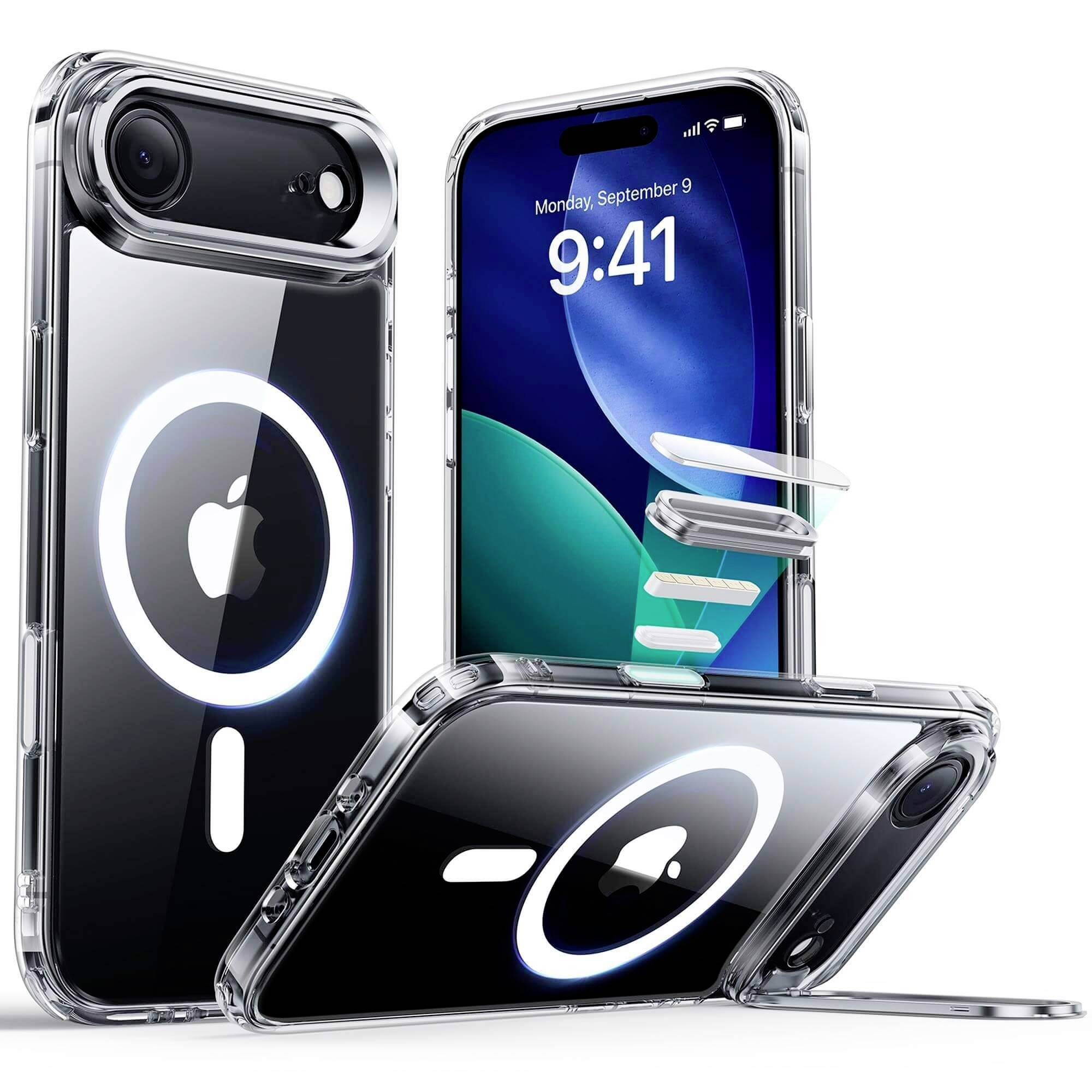 Průhledný mobilní kryt s kruhovým, zářícím designem, zobrazený na iPhonu s modro-zeleným tapetám.
