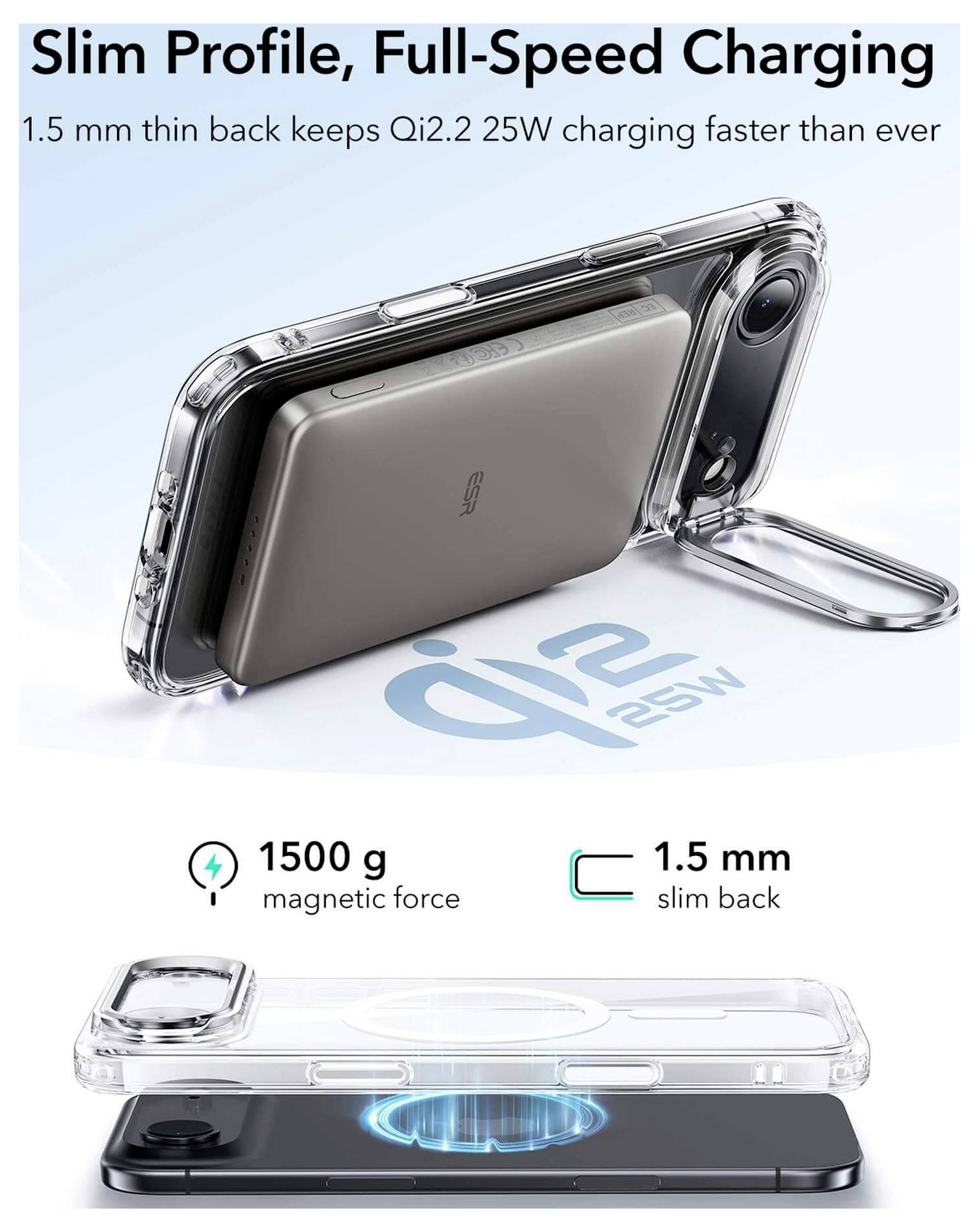 'Obal na telefon s 1,5 mm tenkým zadním dílem, podporuje nabíjení Qi2.2 o výkonu 25 W. Vyznačuje se magnetickou silou 1500 g a nabízí tenký profil.'