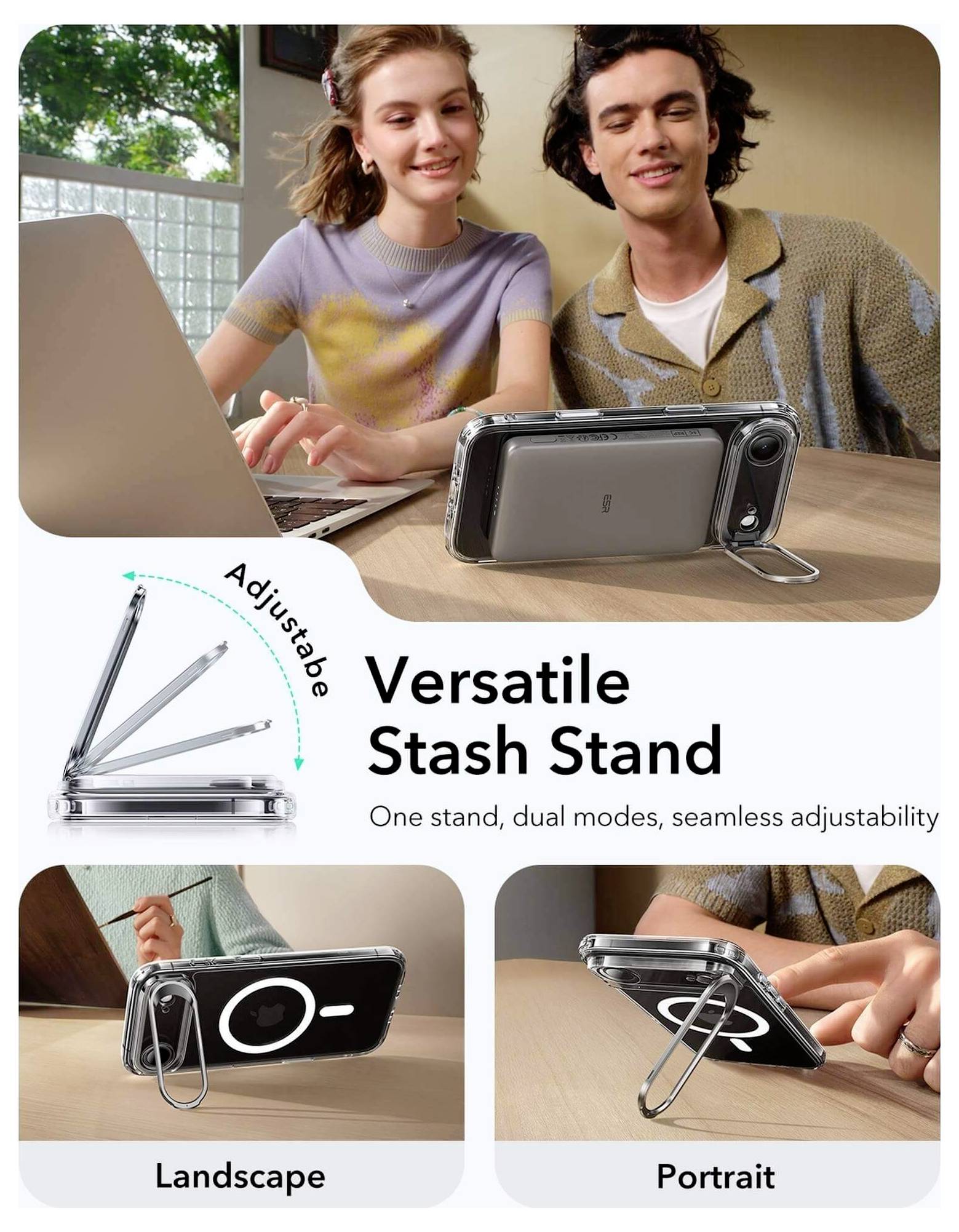 Víceúčelový stojan na telefon 'Versatile Stash Stand' ukazující stojan na telefon používaný v režimu na šířku i na výšku. Dva usmívající se lidé používající laptop.