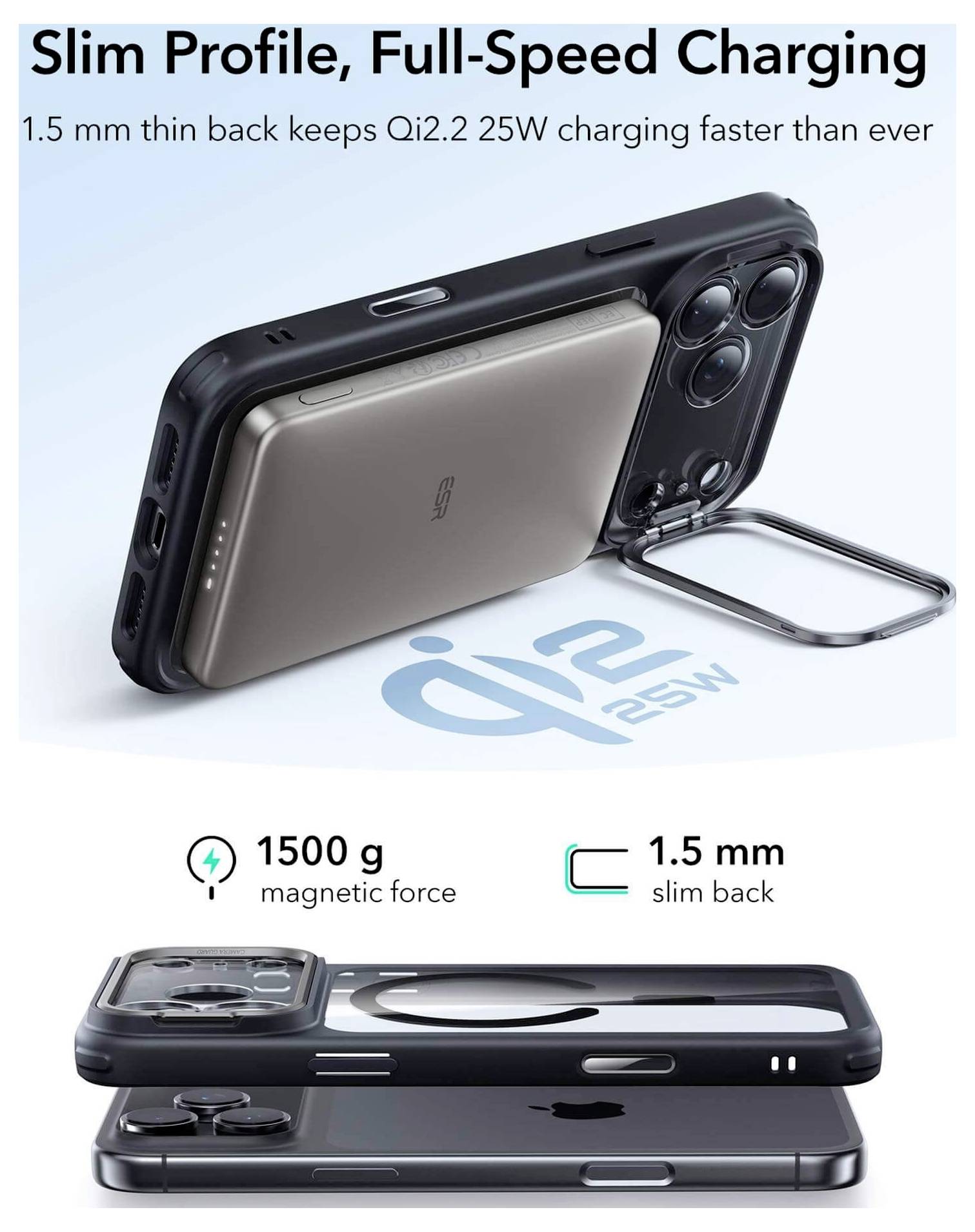 Tenký profil, plné nabíjení' obrázek ukazuje pouzdro na telefon se zabudovanou tenkou powerbaterií, nabízí Qi2.2 25W nabíjení s magnetickou silou 1500g.