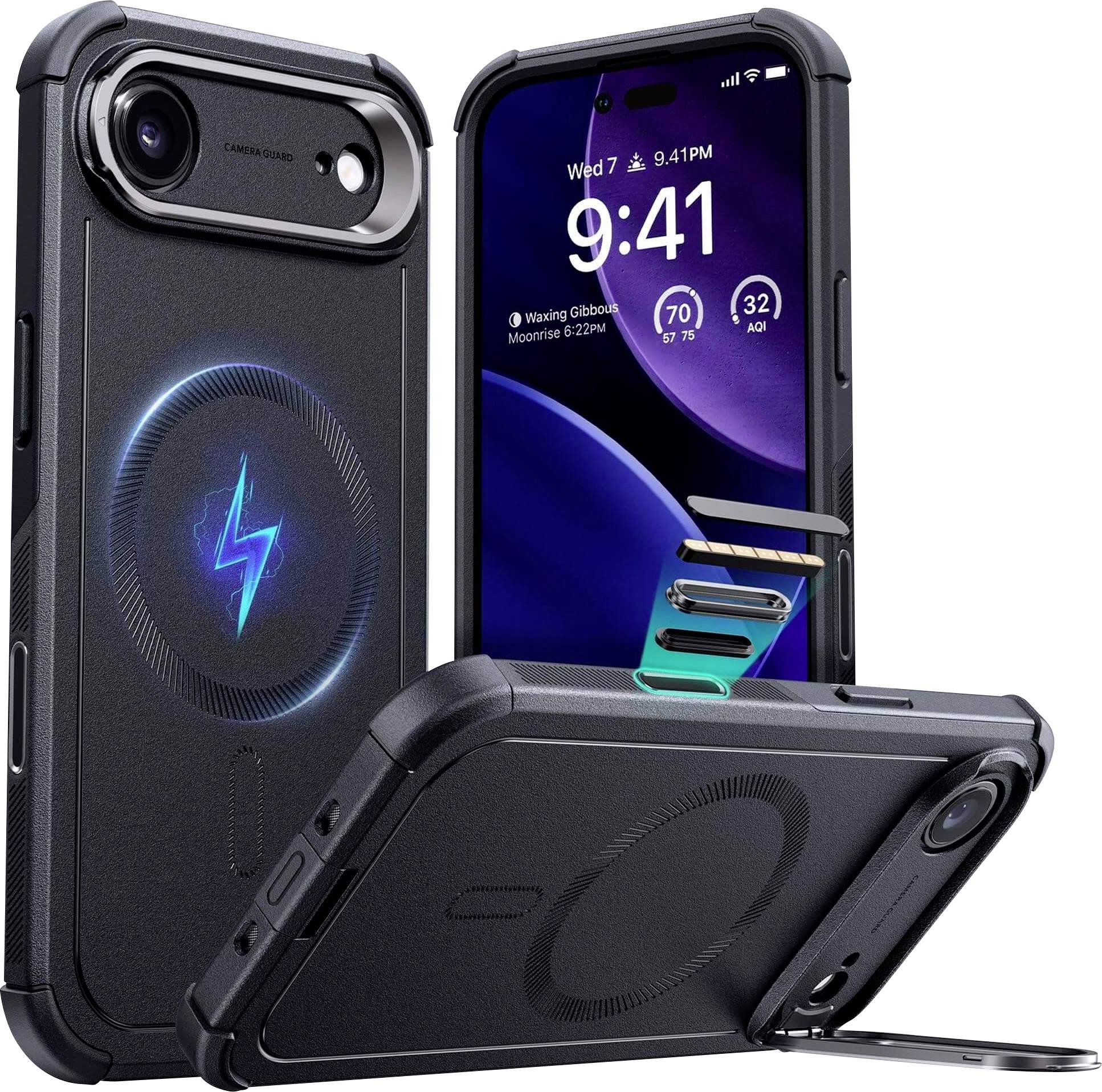 Odolný kryt telefonu s vyvýšenou ochranou fotoaparátu a integrovaným stojánkem, zobrazený při ochraně dvou chytrých telefonů, s modrou ikonou nabíjení.