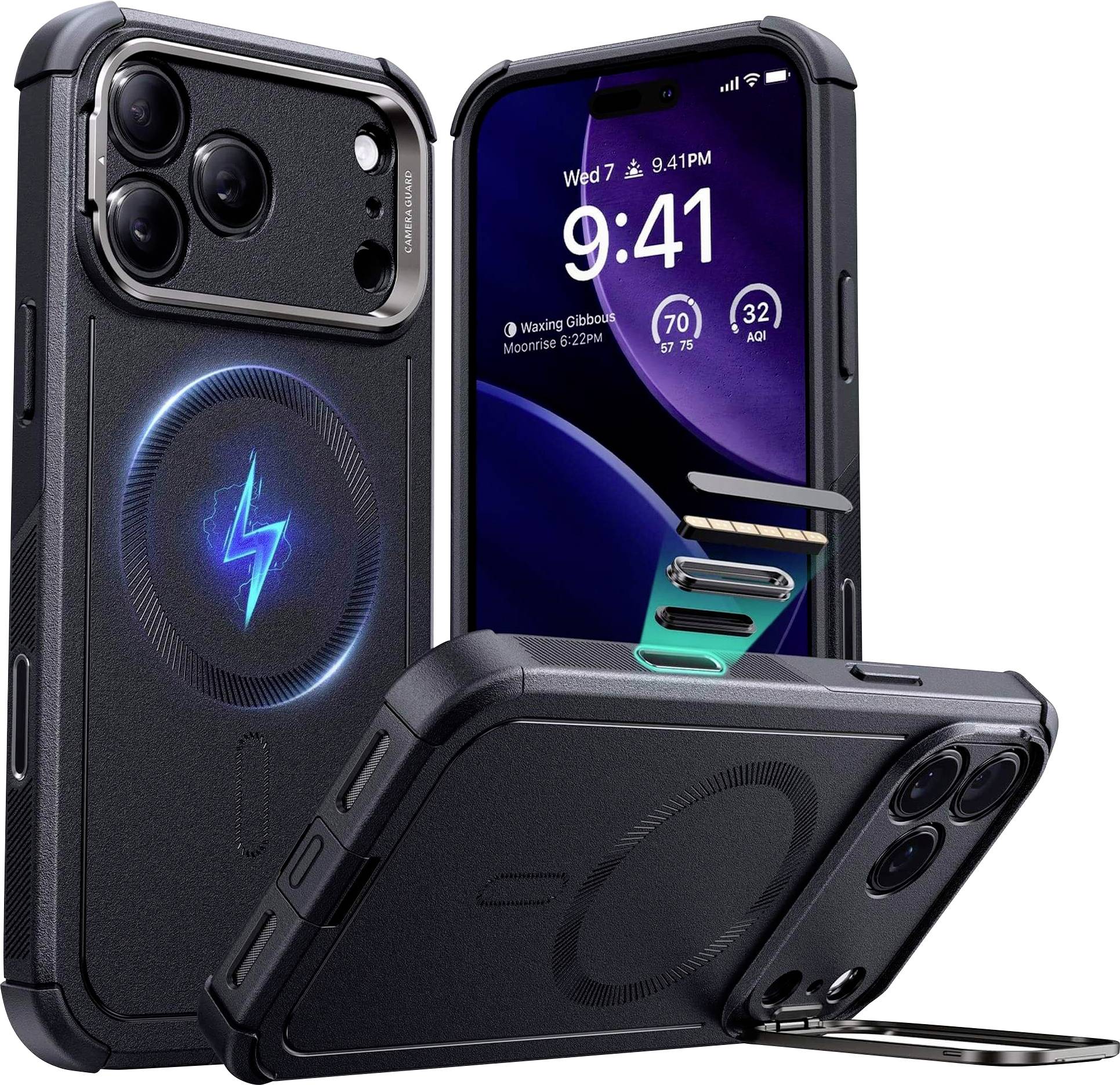 Dva černé obaly na smartphone s kroužkovými stojánky a prostory na karty jsou zobrazeny. Telefony ukazují čas ve středu a kruhové ikony.