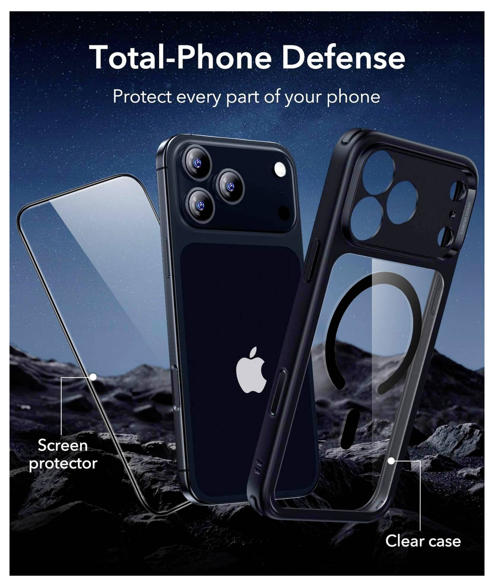 Ochrana telefonu 'Total-Phone Defense' zobrazující ochrannou fólii na obrazovce, průhledný kryt a nárazníkovou ochranu na pozadí hvězdnatého nočního nebe.