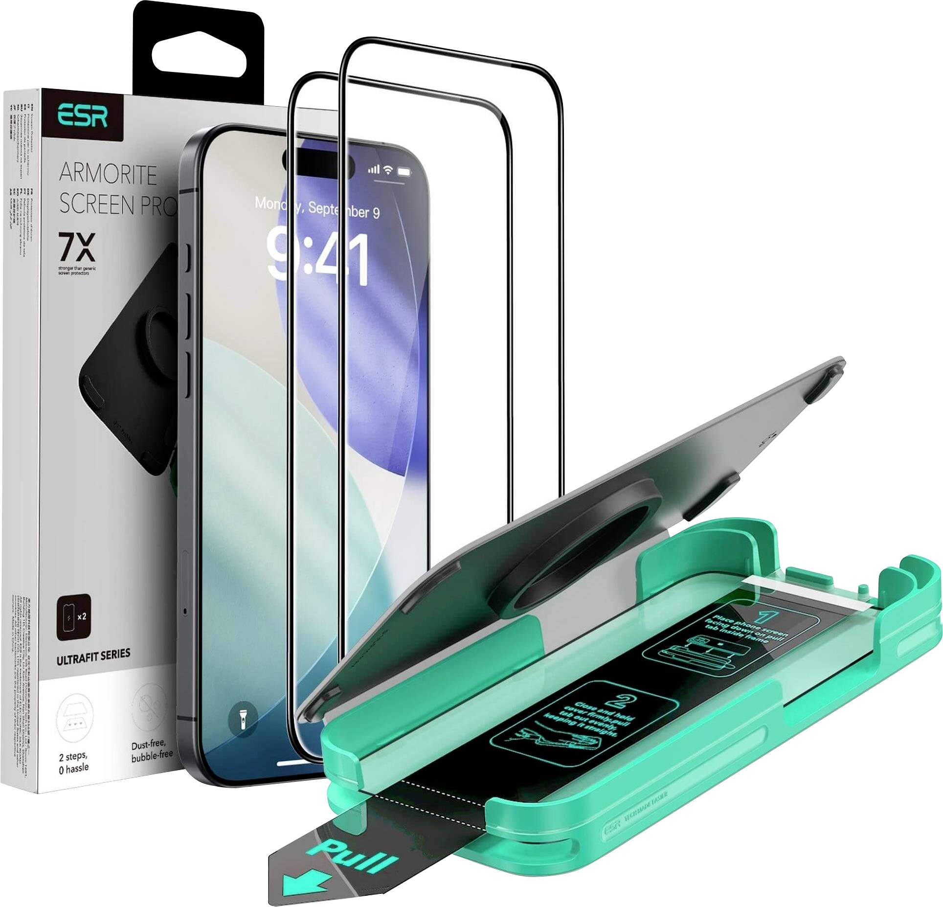 Ochranná sada na displej telefonu s nástrojem pro zarovnání a dvěma temperovanými ochrannými skly vedle obalu s nápisem 'Armorite Screen Protector'.