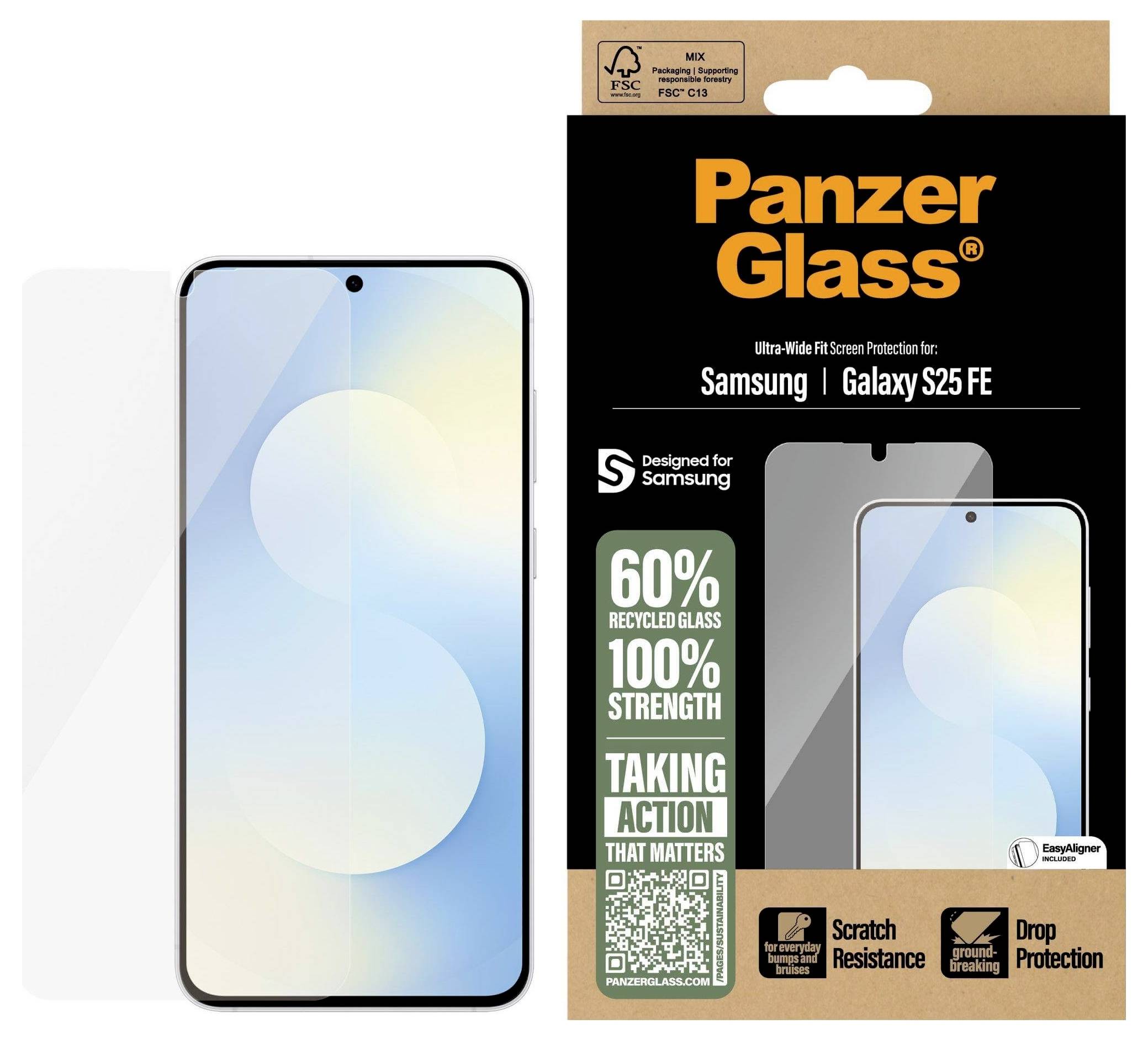 Ochranné sklo Panzer Glass Ultra-Wide Fit<br>Pro Samsung Galaxy S25 FE<br><br>• Vyrobeno z 60% recyklovaného skla<br>• Maximální ochrana proti škrábancům<br>• Odolné vůči nárazům a pádům<br>• Přesné zakřivené provedení pro dokonalou ochranu displeje