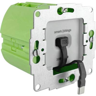 Zelený inteligentní modul spínače se světelným ovládáním, konektory a USB kabelem, určený pro začlenění do systémů domácí automatizace.