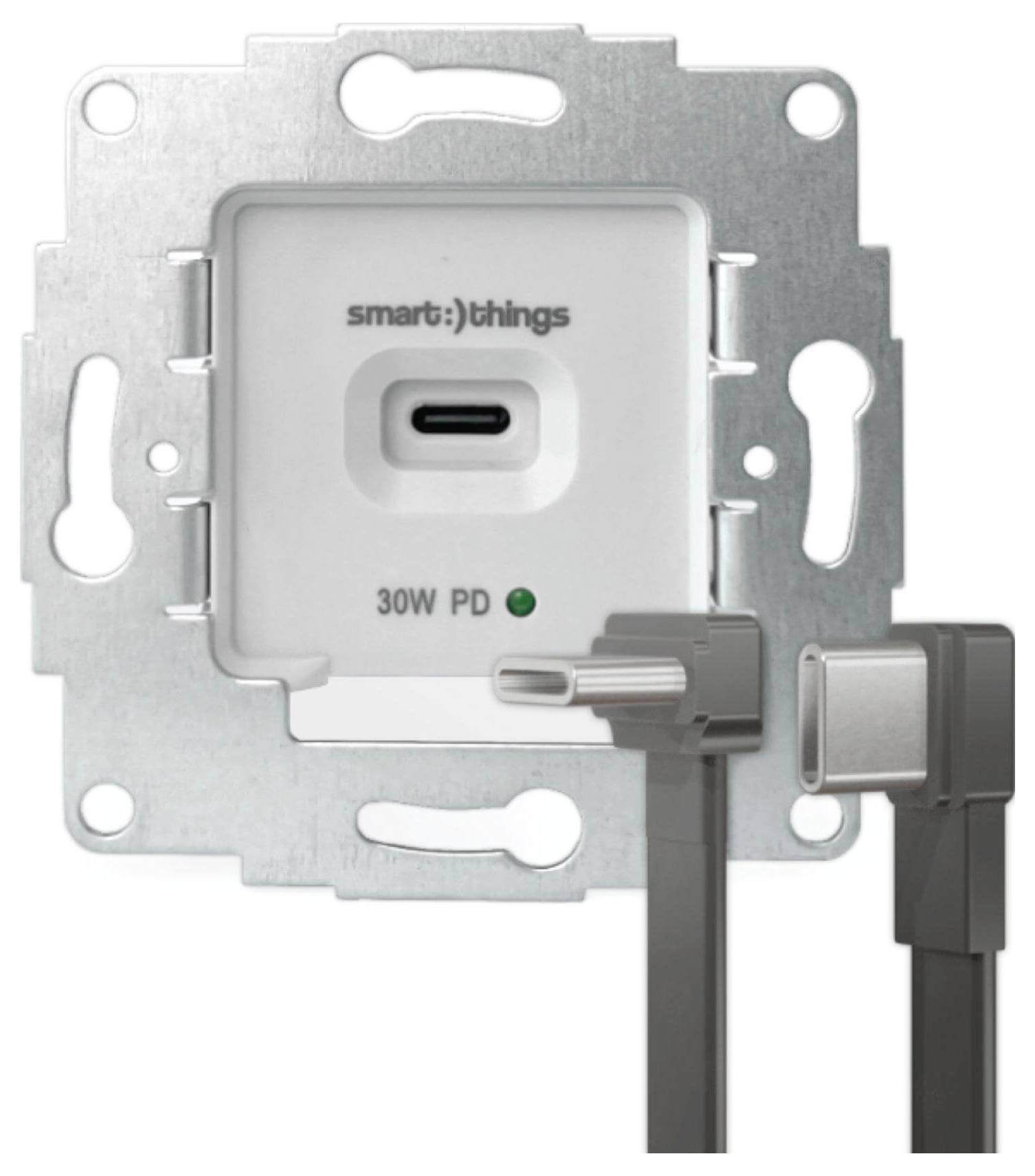 Nástěnná 30W PD USB-C nabíječka s označením "smart:)things" s odnímatelným USB-C kabelem, vhodná pro nabíjení zařízení.