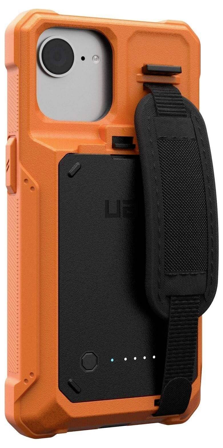 Odolný oranžový ochranný kryt na smartphone s černým uchopovacím páskem na zadní straně a indikačními světly, navržený pro ochranu a snadné nošení.