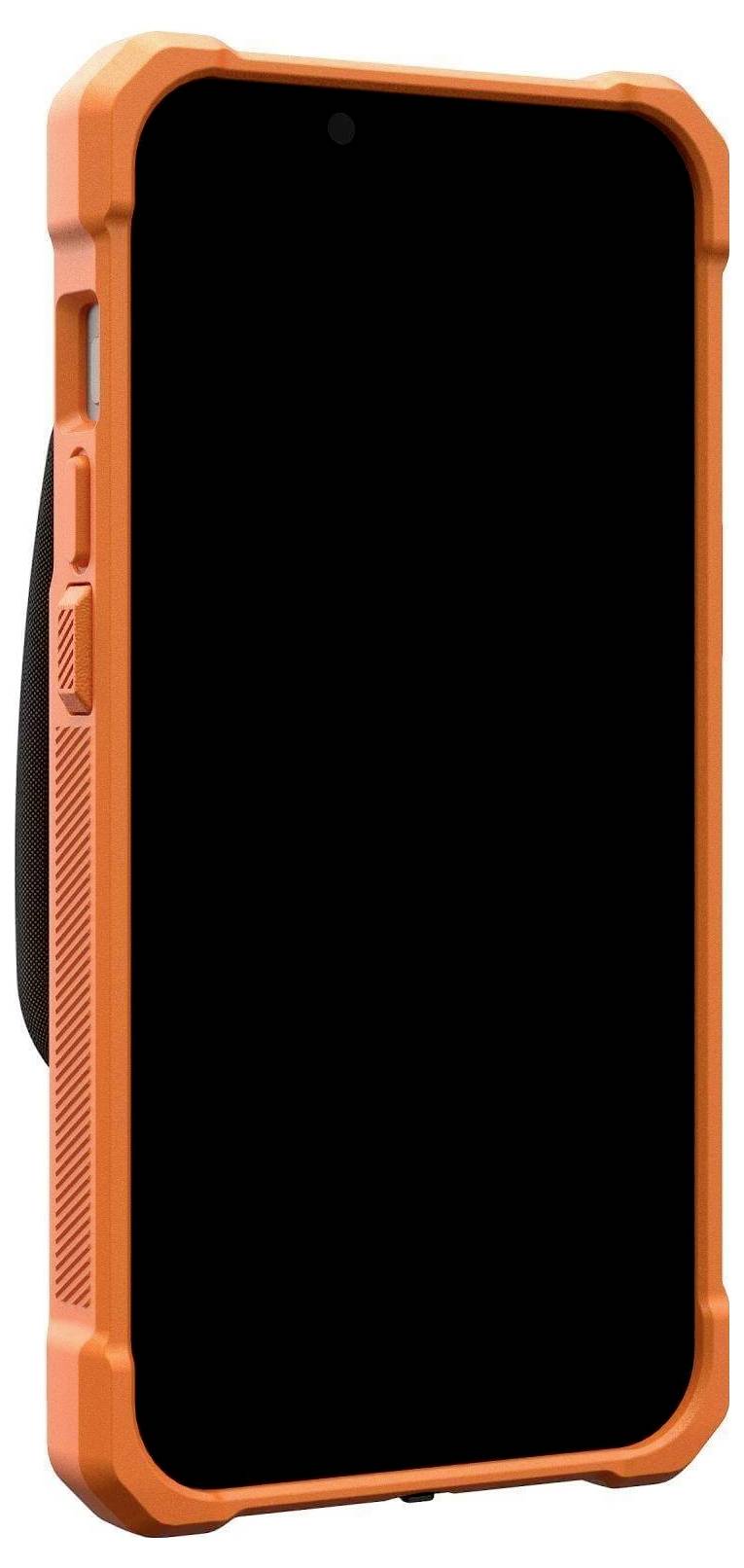 Odolné oranžové pouzdro na smartphone obklopující černou obrazovku, navržené pro trvanlivost a ochranu před nárazy.