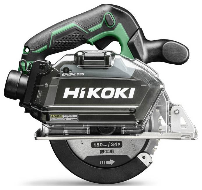 Ruční kotoučová pila značky 'HiKOKI' s černou a zelenou rukojetí, označená štítkem 'Brushless' a '150mm/34P' na listu pilového kotouče.