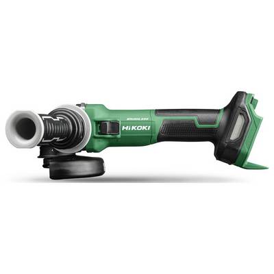 Zelená a černá bezdrátová úhlová bruska označená "HiKOKI Brushless", vybavená boční rukojetí, krytem kotouče a ergonomickou rukojetí.