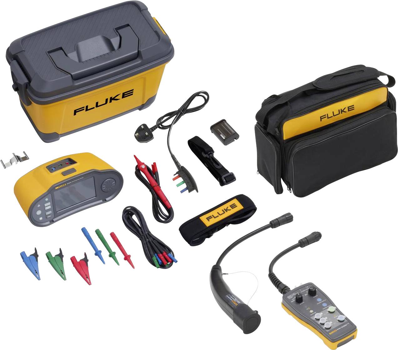 Sada multifunkčního elektrického testeru Fluke včetně testeru, měřicích sond, klipů, přenosného pouzdra a příslušenství, určená pro profesionální použití.