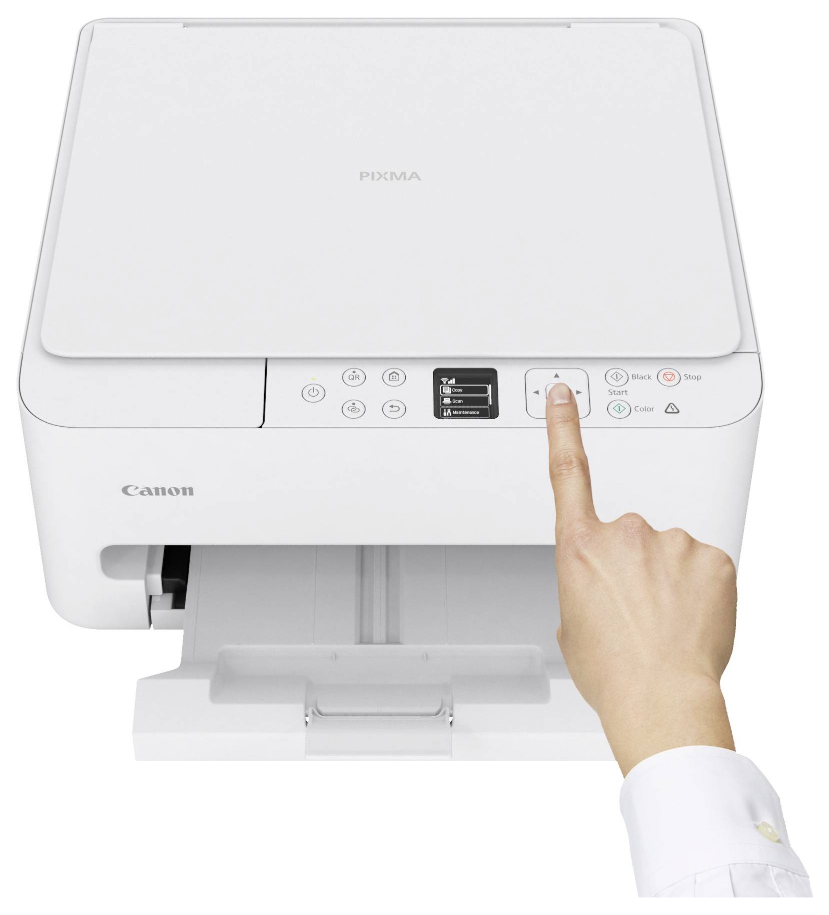 Ruka osoby stiskává tlačítko napájení na tiskárně Canon Pixma, přičemž jsou viditelné otevřená papírová zásuvka a ovládací tlačítka panelu.