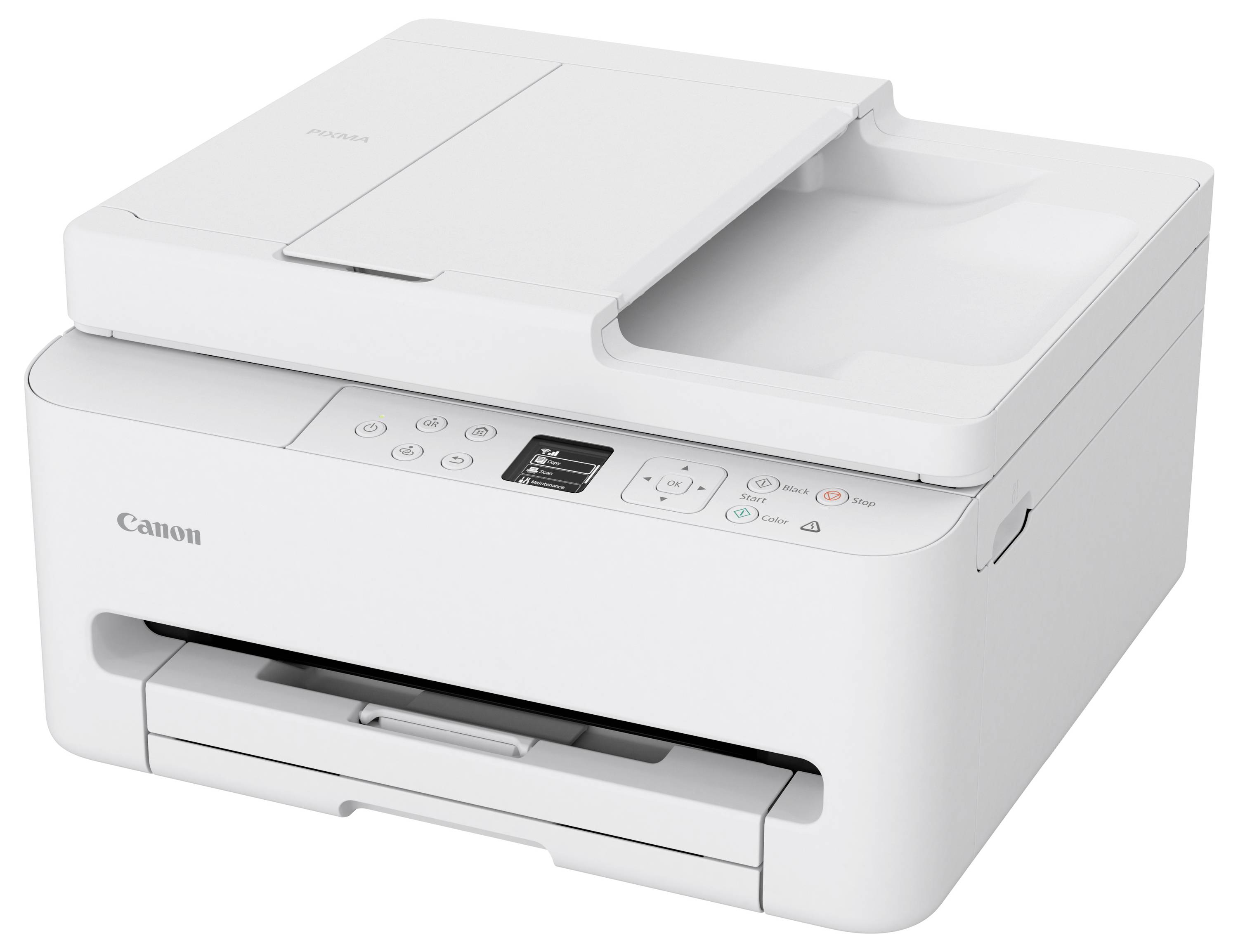 Bílá tiskárna Canon s podavačem papíru a ovládacím panelem, určená pro domácí nebo kancelářské použití.