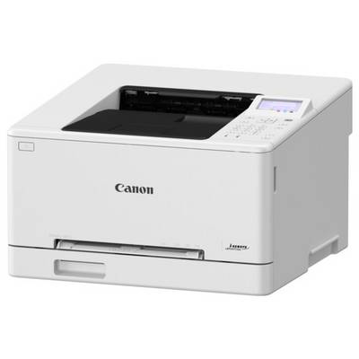 Bílá laserová tiskárna Canon s ovládacím panelem a výstupní přihrádkou na papír, určená pro domácí nebo kancelářské použití.