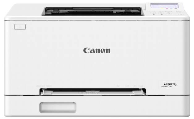 Bílá tiskárna Canon s ovládacím panelem a zásobníkem papíru, model i-SENSYS LBP623Cdw.