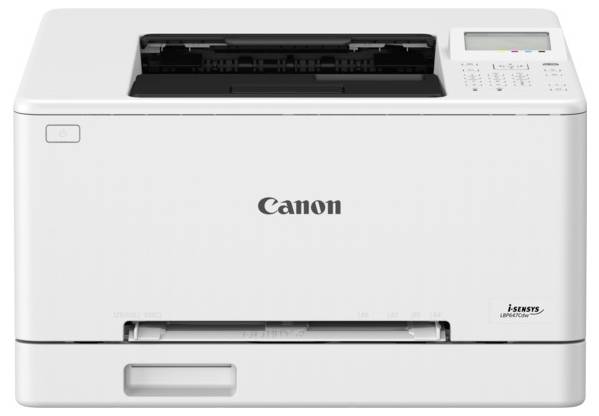 Bílá tiskárna Canon s podavačem papíru nahoře a ovládacím panelem s tlačítky a displejem na pravé straně.
