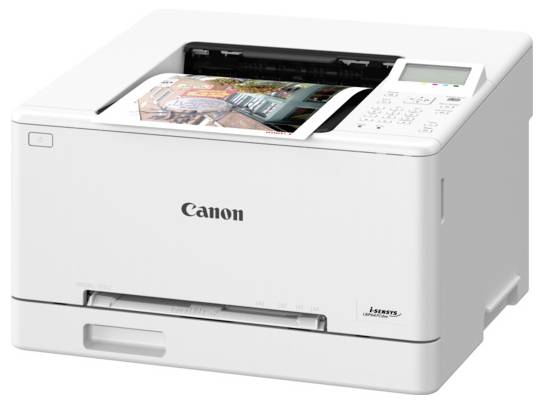 Bílá laserová tiskárna Canon tiskne barevnou stránku, přičemž je vybavena digitálním displejem a různými tlačítky pro ovládání.