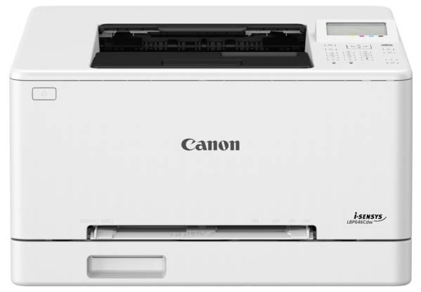 Tiskárna Canon i-Sensys LBP623Cw, kompaktní bílá laserová tiskárna s ovládacím panelem a podavačem papíru, určená pro domácí nebo kancelářské použití v malém měřítku.