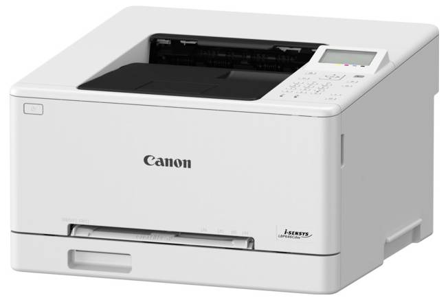 Bílá tiskárna Canon s modelovým číslem, s částečně otevřenou papírovou zásuvkou, ovládacím panelem v horní pravé části a firemním logem vpředu.