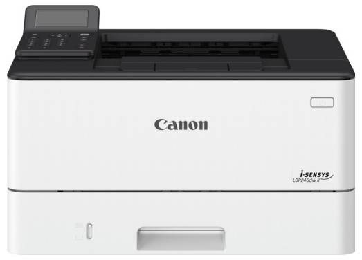 Černobílá tiskárna Canon i-SENSYS v bílém a černém provedení s ovládacím panelem umístěným nahoře, navržená pro efektivní tiskové úlohy v kancelářském prostředí.