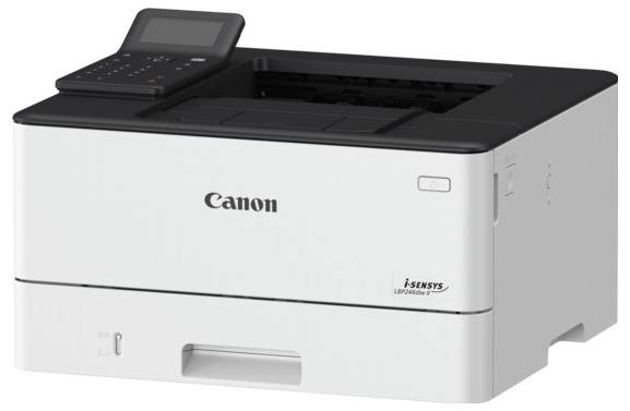 Stolní laserová tiskárna s klávesnicí a displejem na horní straně, označená 'Canon i-SENSYS LBP223dw', vhodná pro kancelářské použití.