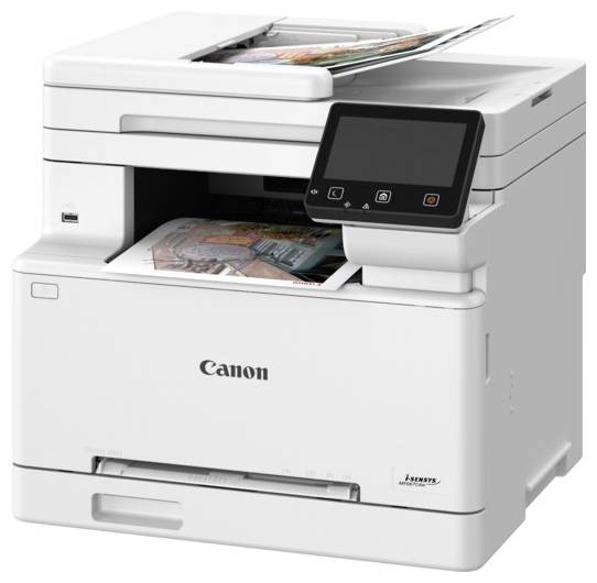 Multifunkční tiskárna Canon s dotykovým displejem, zobrazující barevné vytištěné stránky, navržená pro kancelářské použití.