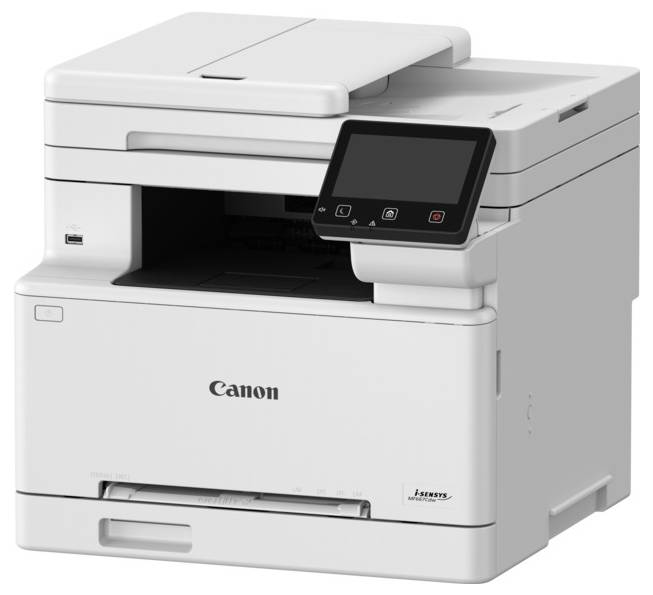 Kompaktní bílá tiskárna s digitálním displejem v pravém horním rohu, která má navigační tlačítka a logo Canon na přední straně.