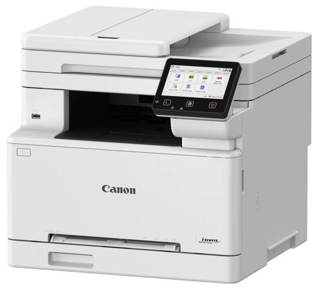 Bílá multifunkční tiskárna Canon s dotykovým displejem zobrazujícím ikony pro tisk, kopírování, skenování a možnosti nastavení.