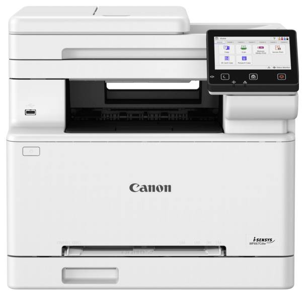 Multifunkční tiskárna Canon s různými možnostmi zobrazenými na dotykovém displeji, vhodná pro kancelář nebo domácí použití.