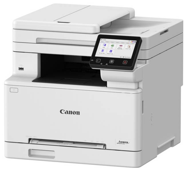Bílá tiskárna Canon s digitálním displejem, zobrazující ikony pro kopírování, skenování a fax, na jednoduchém pozadí.