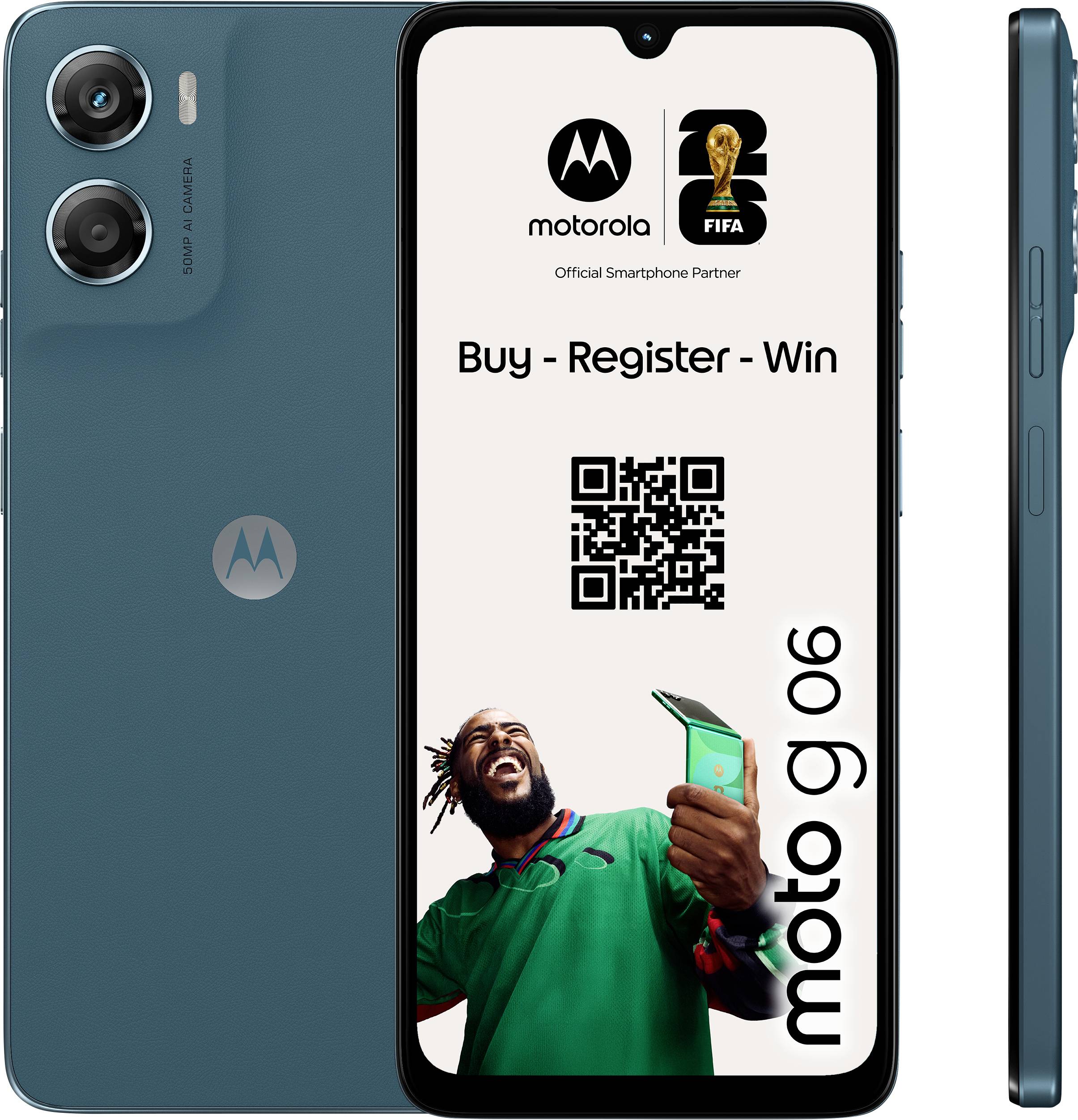 Inzerát na telefon Motorola: "moto g 06" s brandingem FIFA. Text: "Koupit - Zaregistrovat - Vyhrát". Funkcí je šťastná osoba držící telefon.