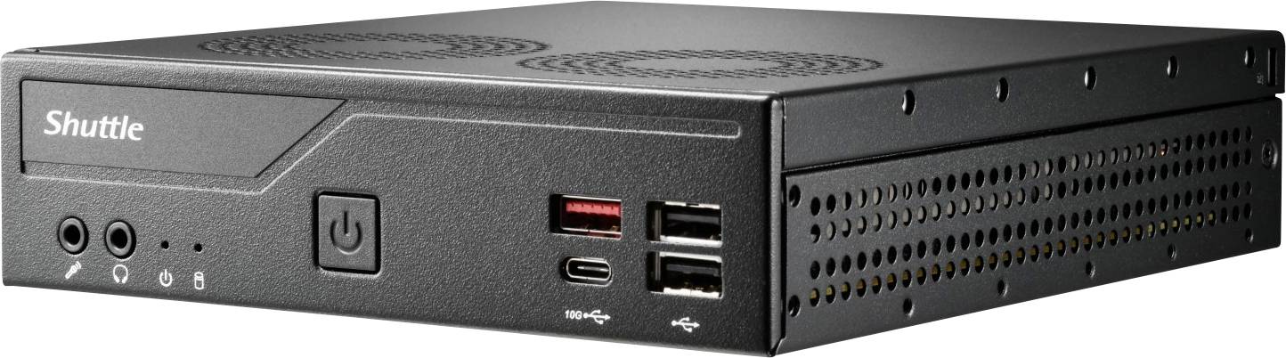 Kompaktní, obdélníkový černý mini počítač s předním tlačítkem napájení, USB porty a sluchátkovými jacky, označený štítkem 'Shuttle'.