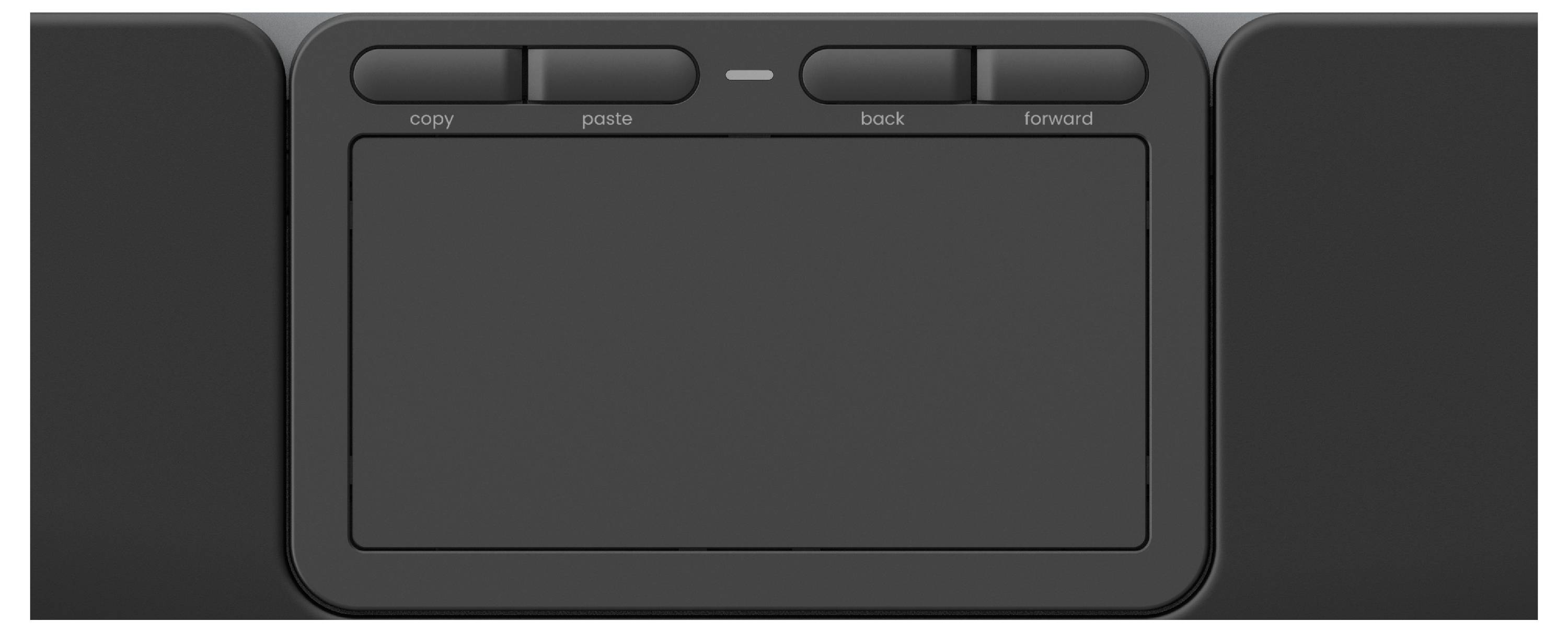 Černý touchpad s čtyřmi označenými tlačítky v horní části: 'kopírovat', 'vložit', 'zpět' a 'vpřed', umístěný na šedém pozadí.